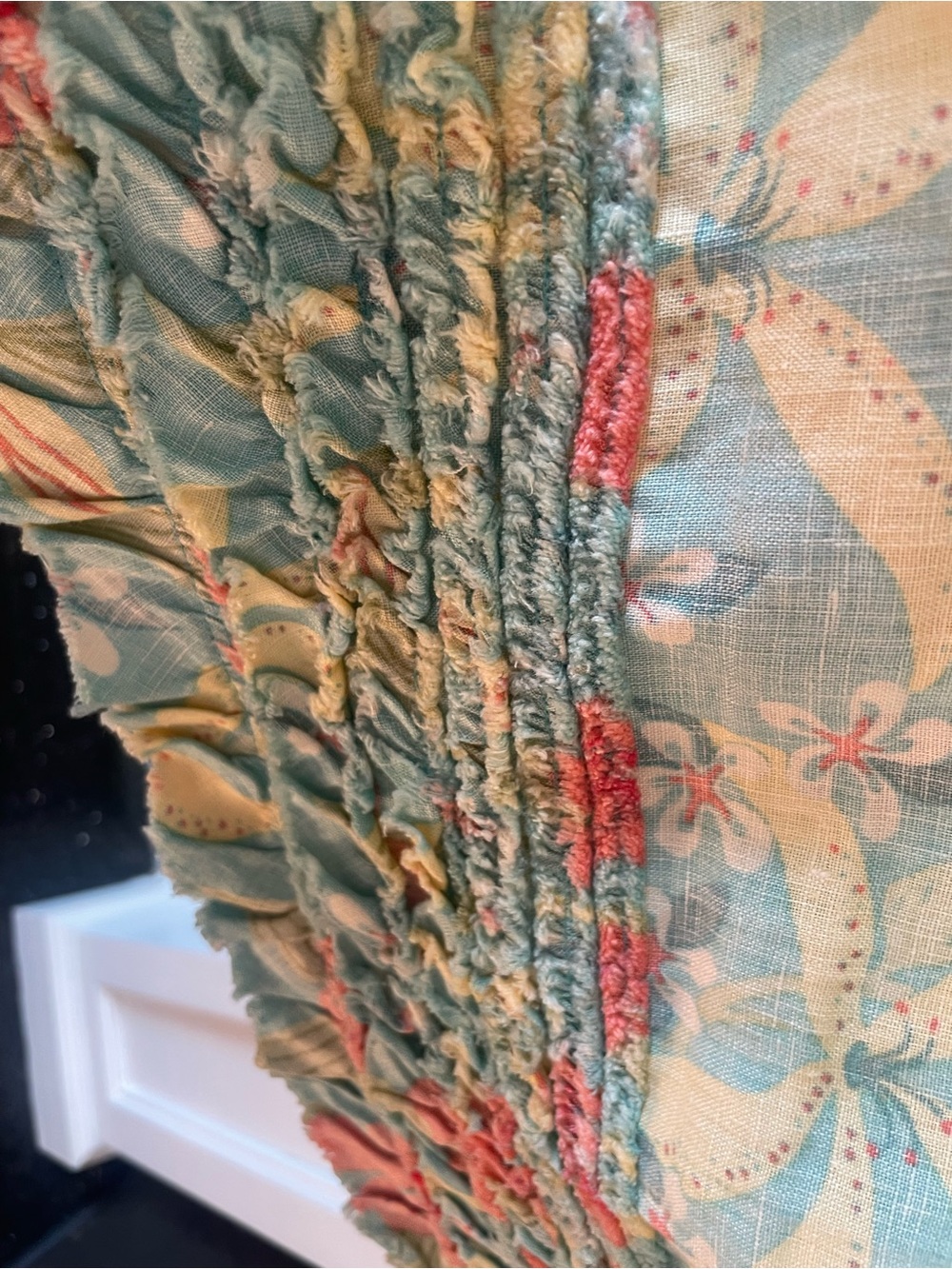 Tommy Bahama Linen Skirt with Ruffle hem. Aqua Floral with Coral Flowers. - Picture 5 of 5
